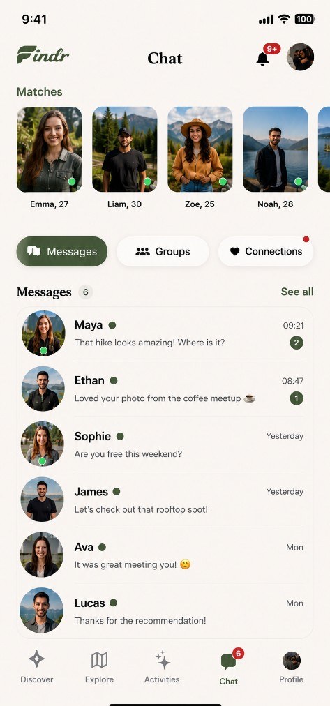 Findr Chat screen showing matches and message threads