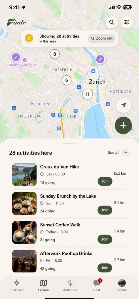 Findr Explore screen showing a map of activities across Zurich