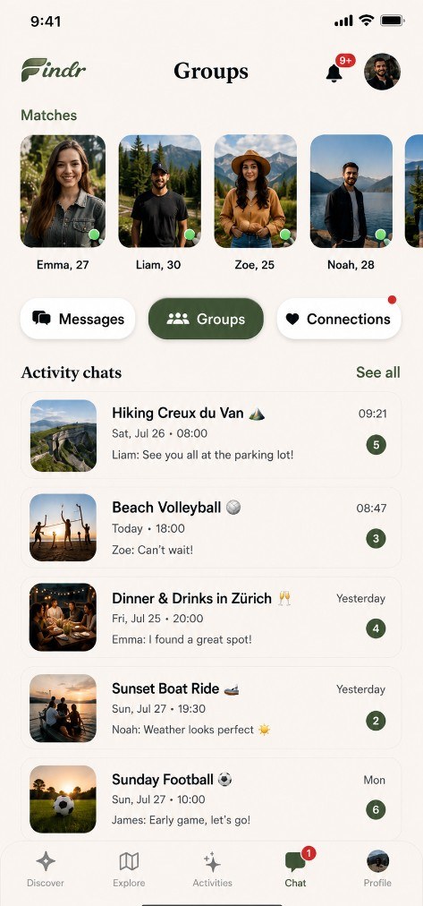 Findr Groups screen showing group chats for each activity